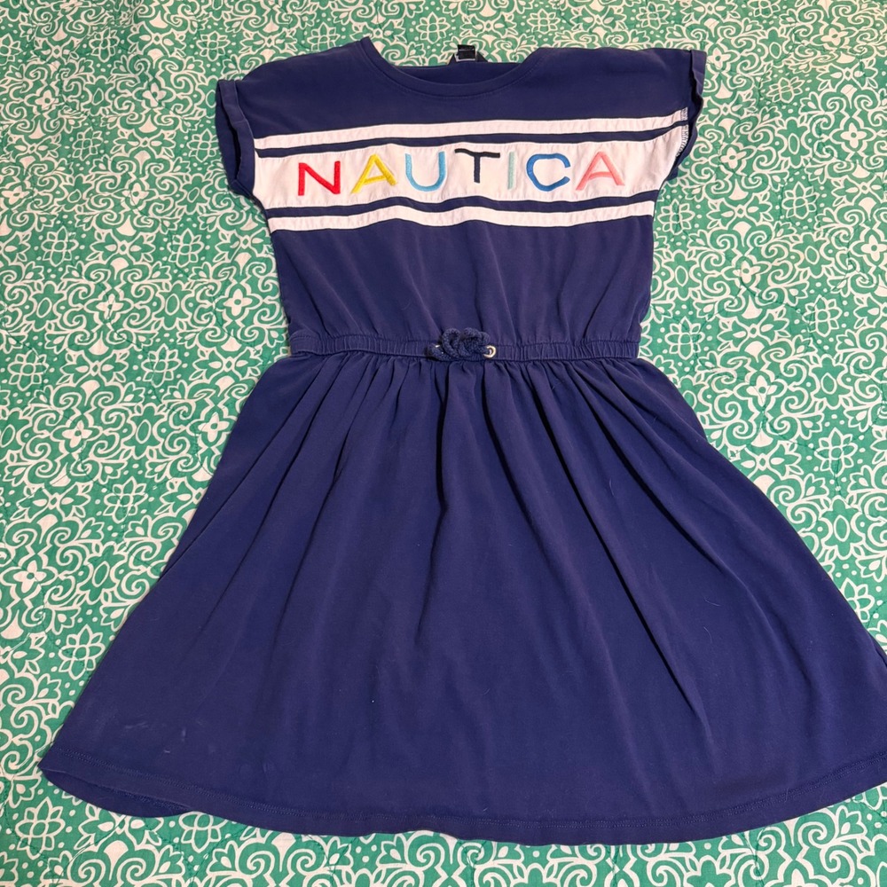 Nautica Girls Navy Blue Cotton Logo Dress Multi Color Embroidered L 12/14